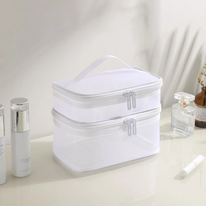 Close-up of dual white mesh makeup bags with sturdy handles and smooth zipper closure
