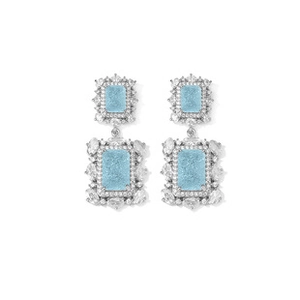 Detail view of Paraiba blue rectangular gemstone earrings with marquise cubic zirconia