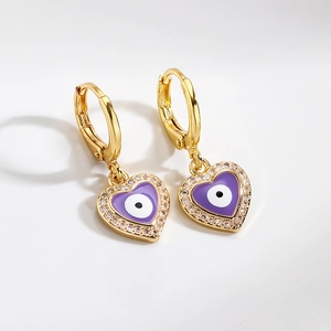 Gold-plated heart earrings with purple enamel evil eye and sparkling zircons