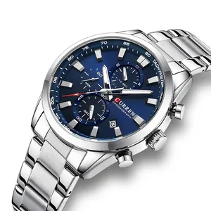 Business chronograph watch with blue dial and silver stainless steel strap in 45-degree view