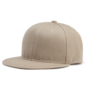 Detail of khaki snapback cap showing breathable twill cotton and six-panel stitching