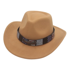 Klassischer khakifarbener Wollcowboyhut mit US-Flaggenband und Vintage-Adlerschnalle