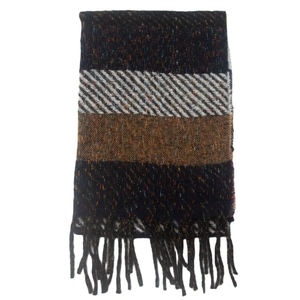 Detailed close-up of wool blend striped scarf showing knit texture and fringe tassels