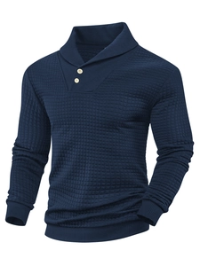 Detail of navy blue shawl collar and wooden buttons on waffle textured knit sweater