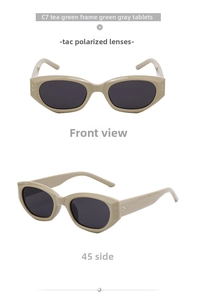 Detail of retro cat-eye sunglasses with tea green frame and TAC polarized green grey lens