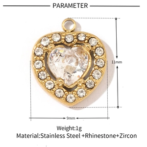 Detail of a 11mm gold heart pendant made of stainless steel with zircon and rhinestones