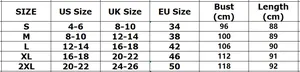 Maattabel met S-XXL afmetingen voor de shirtjurk met lange mouwen en reverskraag