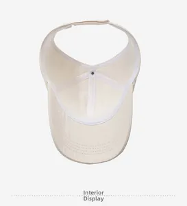 Detail of beige open top sun hat interior lining with white piping and adjustable strap