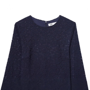 Fashionable dark blue lace midi dress with layered design shown on white background