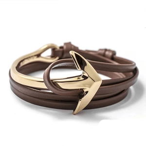 Brown leather multi-layer wrap bracelet with gold metal anchor charm for men and women
