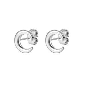 Detailed view of polished silver C-shape stud earrings with minimalist metal design