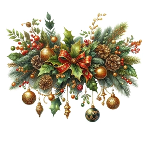 3D Christmas wall sticker with red bows, golden ornaments, pine cones and green needles