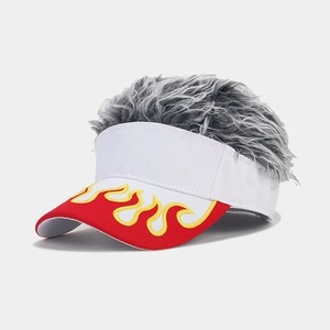Detail of red flame embroidery and grey faux hair on white stylish visor baseball cap
