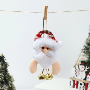 Detailed plush Santa hanging ornament with festive bells and wooden clip for Christmas decor