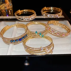 Elegant Multi Row Bangle Sparkling Cubic Zirconia Alloy Gold Plated Luxury Pave Bracelet For Women Wedding Party Jewelry