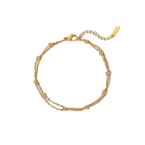 Double-layered 18K gold plated beaded chain bracelet for women with lobster clasp closure
