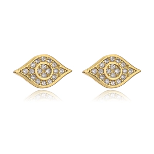 Close-up of 18K gold plated eye-shaped stud earrings with micro-paved sparkling crystals
