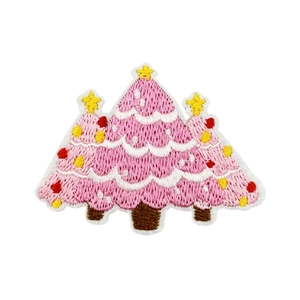 Pink embroidered Christmas tree patch with colorful ornaments for holiday craft DIY