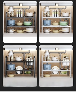 Adjustable double-tier kitchen under-sink rack in black and white carbon steel