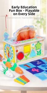 Detailed close-up of a wooden busy box featuring a clock, shape sorter, and pull-out tissues