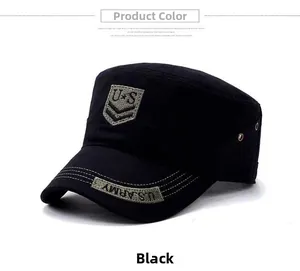 Detail of black military cadet cap with U.S. Army embroidery and metal side eyelets