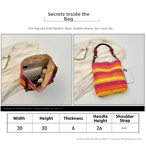 Size details of the rainbow woven straw bag showing dimensions 30x30x6 cm and strap height
