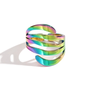 Macro shot of multi-layer spiral stainless steel ring with rainbow metal finish