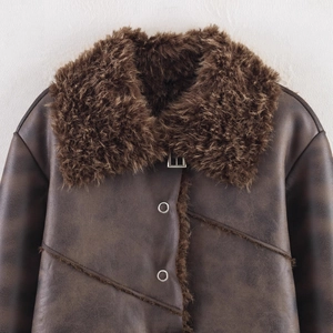 Women's dark brown faux shearling jacket featuring plush collar and matte leather texture