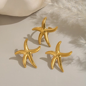 Starfish Jewelry Earrings And Ring Stainless Steel Gold Plated Waterproof Hypoallergenic Ocean Beach Style For Women