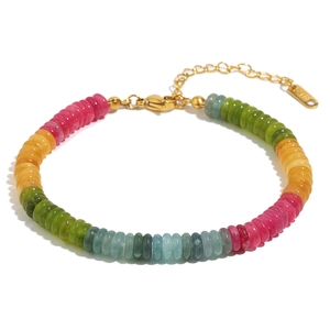 Multi-colored semi-precious stone beaded bracelet with 18K gold plated lobster clasp