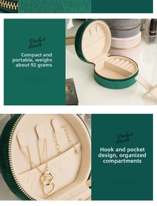 Detail view of compact velvet jewelry box with necklace hooks and 92g lightweight design