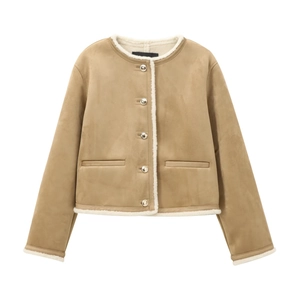 Damen Jacke Aus Lammfellimitat Wildleder Fleece Warmer Mantel Langarm Goldene Knöpfe Kurz Outwear Casual Retro Winter