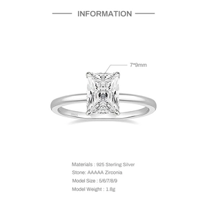 Detailed view of 925 sterling silver ring with 7x9mm emerald cut AAAAA zirconia stone