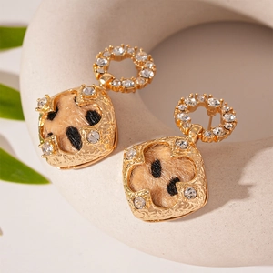 Boucles Oreilles Pendantes Carrées En Alliage Strass Imprimé Léopard Avec Tige En Argent Style Rétro Français