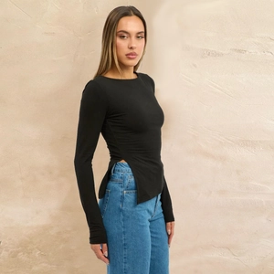 Slim fit black long sleeve top for women featuring trendy side split and round neck