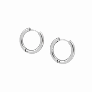 Detailed close-up of polished silver hoop earrings with a secure hinge clasp closure