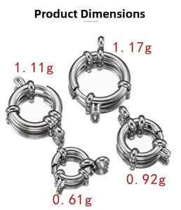 Detail view of four stainless steel spring clasps in different weight specifications