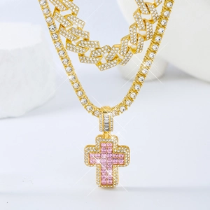 Hip Hop Alloy Rhinestone Cuban Link Chain And Tennis Chain With Pink Cross Pendant Streetwear Accessory For Men Women