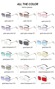 Detailed catalog of eighteen rimless rectangular sunglasses in various colorful lenses