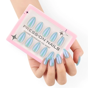 Blue aurora cat eye press-on nails set with long almond shape and metallic finish