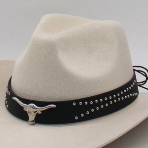 Close-up of a cowboy hat band featuring silver rivets and a detailed metal bull head buckle