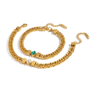 Retro 18K gold plated stainless steel curb chain bracelets with zircon gemstones