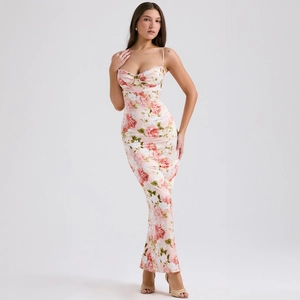 Slim fit floral slip dress with pink rose print and sweetheart neckline for summer parties