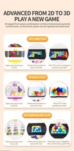 Three-stage logic puzzle guide showing 2D and 3D pyramid assembly modes for kids