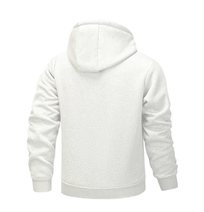 Rear view of white fleece hoodie showing ribbed cuffs and thermal knit material