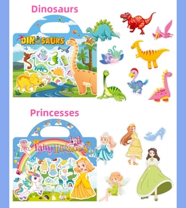 Detail of dinosaur and fairy princess reusable sticker books with portable carry handles