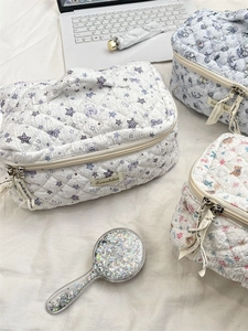 Quilted cotton bear cosmetic bag with portable handle and large capacity storage