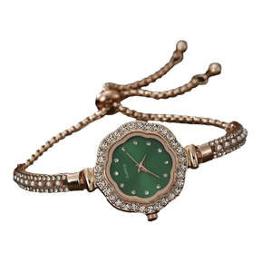 Elegant rose gold quartz watch with green petal dial, pearls and rhinestones on chain