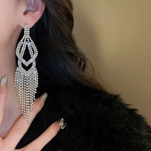 Macro view of long rhinestone tassel earrings worn on model for elegant style