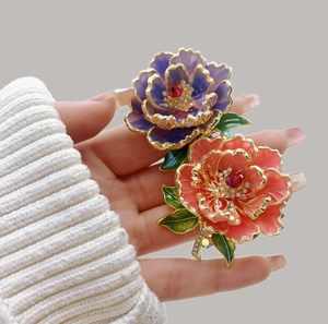 Broche Fleur Pivoine En Émail Élégante Alliage Cristal Vintage Épingle À Vêtement Florale Bijoux Pour Femmes